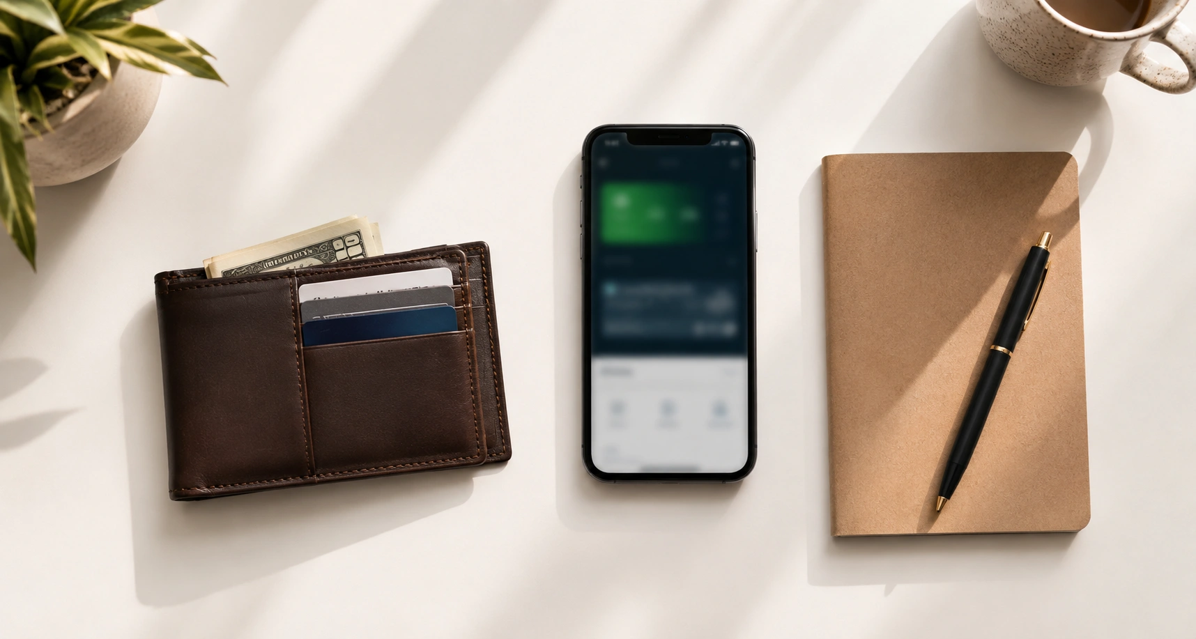 Flat-lay of wallet, credit cards, cash, and smartphone on white desk