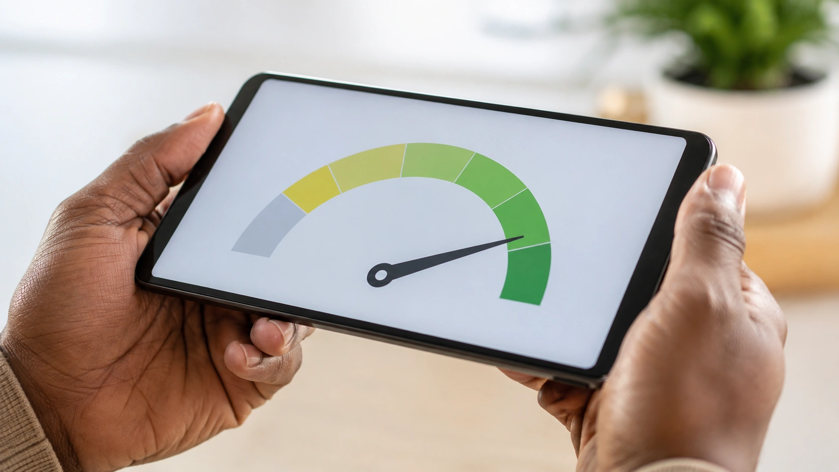 Credit score gauge showing high score in green on a digital screen