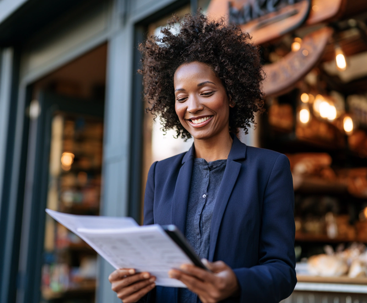 Small business owner reviewing financial documents on a tablet